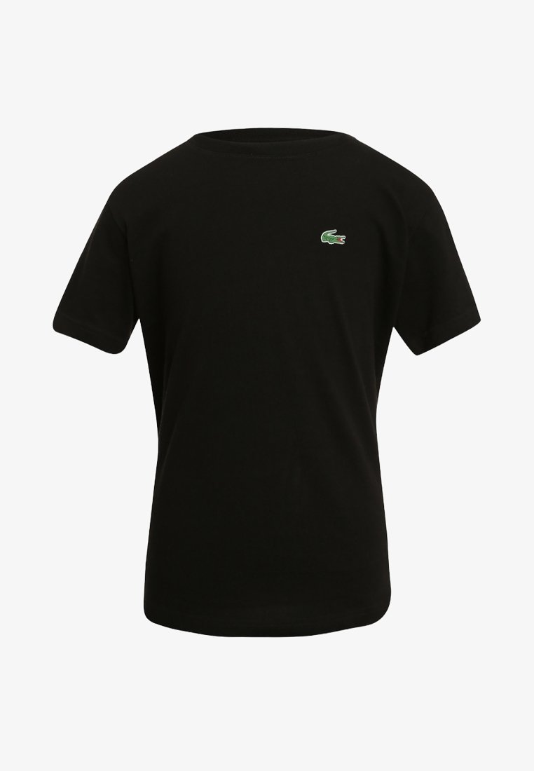 T-shirt noir à manches courtes avec un petit logo crocodile vert sur le côté gauche de la poitrine, design épuré et col rond.