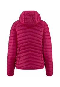 Giacca imbottita di un brillante colore rosa con un design a righe orizzontali. Presenta un colletto alto e maniche lunghe. Tessuto liscio e materiale leggero.