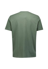 Olijfgroene katoenen T-shirt met een ronde hals, korte mouwen en een gladde textuur. Beschikt over een eenvoudig, ongecompliceerd ontwerp.