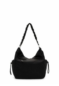 Zwarte stoffen hobo tas met een gevlochten schouderband, een ritsvak aan de voorkant, een zachte textuur, een slungelige vorm en verstelbare zijstrikken.