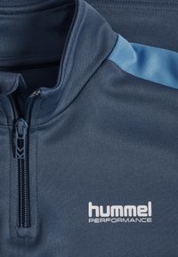 Marineblauwe pullover met een ritssluiting bij de kraag, voorzien van een lichtblauwe accentstreep en een wit "hummel PERFORMANCE" logo aan de voorkant. Glad oppervlak.
