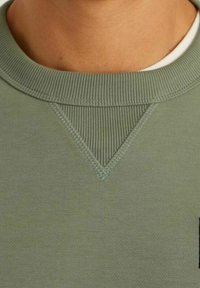 Sweatshirt vert clair avec un col ras du cou côtelé texturé et un détail de couture en forme de V. Présente un logo visible sur le côté droit.