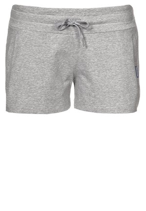 Shorts en coton gris clair avec poches avant et taille à cordon nouée, avec une petite étiquette logo sur le côté.
