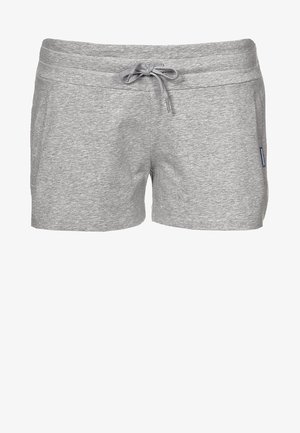 Light gray cotton shorts with front pockets and a tied drawstring waistband, featuring a small logo tag on the side.