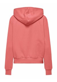 Sudadera color coral con bolsillo canguro en la parte frontal, mangas largas y capucha con cordón. Fabricada con un tejido suave y texturizado, con puños acanalados.