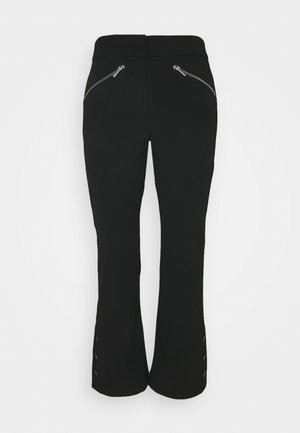 Černé kalhoty s přiléhavým pasem, zakřivenými švy a kapsami na zip. Design s rozšířenými nohavicemi a knoflíkovými akcenty na lemu. Hladká tkanina.