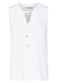 White sleeveless blouse with a V-neck, drawstring tie at the collar, and gold accent beads. Smooth, lightweight fabric with gathered shoulders.