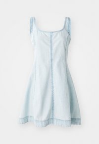 Light blue denim dress with a fitted bodice, wide shoulder straps, and flared skirt. Features visible stitching along seams.