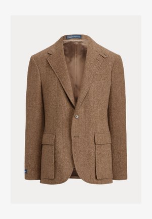 Hnedý blazer s rybinkovým vzorom, dvoma gombíkmi na zapínanie, klopami so zárezom a bočnými nášivkovými vreckami. Podšitý vnútorný materiál s hladkou textúrou.