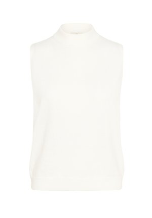 Top bianco senza maniche a collo alto realizzato in morbido tessuto a maglia, con collo alto e orlo a coste, caratterizzato da una texture liscia e un design minimal.