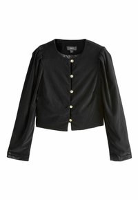 Schwarze Samt-Cropped-Jacke mit langen Ärmeln, rundem Ausschnitt und fünf goldfarbenen Knöpfen auf der Vorderseite. Glatte Textur, maßgeschneiderter Schnitt.