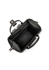 Borsa in pelle nera con chiusura a zip, dotata di un ampio interno, fodera grigia e due scomparti, progettata per l'organizzazione.
