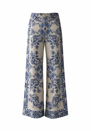 Pantaloni ampi color crema con intricati motivi floreali blu e di paisley, caratterizzati da una vita alta e chiusura con bottoni.