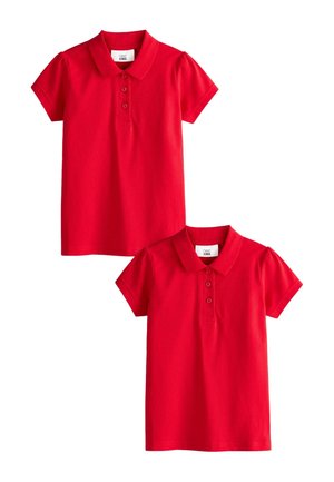 Două tricouri polo roșii cu mâneci scurte pentru copii, cu trei nasturi și guler, afișate pe un fundal alb.