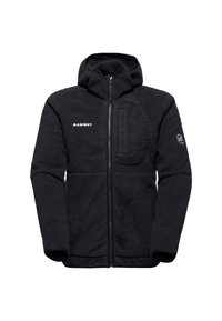 Black fleece jacket with a hood, zip closure, and a chest pocket. Features a textured surface and logo detail on the front.