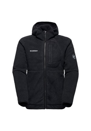 Black fleece jacket with a hood, zip closure, and a chest pocket. Features a textured surface and logo detail on the front.