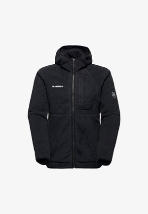 Veste polaire noire avec capuche, fermeture éclair et poche sur la poitrine. Caractérisée par une surface texturée et un détail de logo à l'avant.