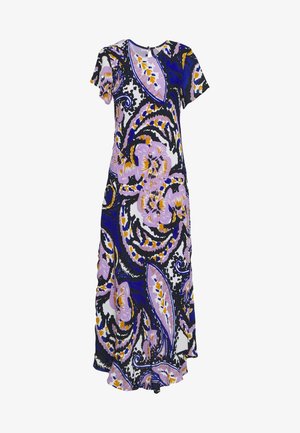 Robe maxi à manches courtes avec un motif floral abstrait tourbillonnant dans des tons de violet, bleu, blanc, noir et orange.