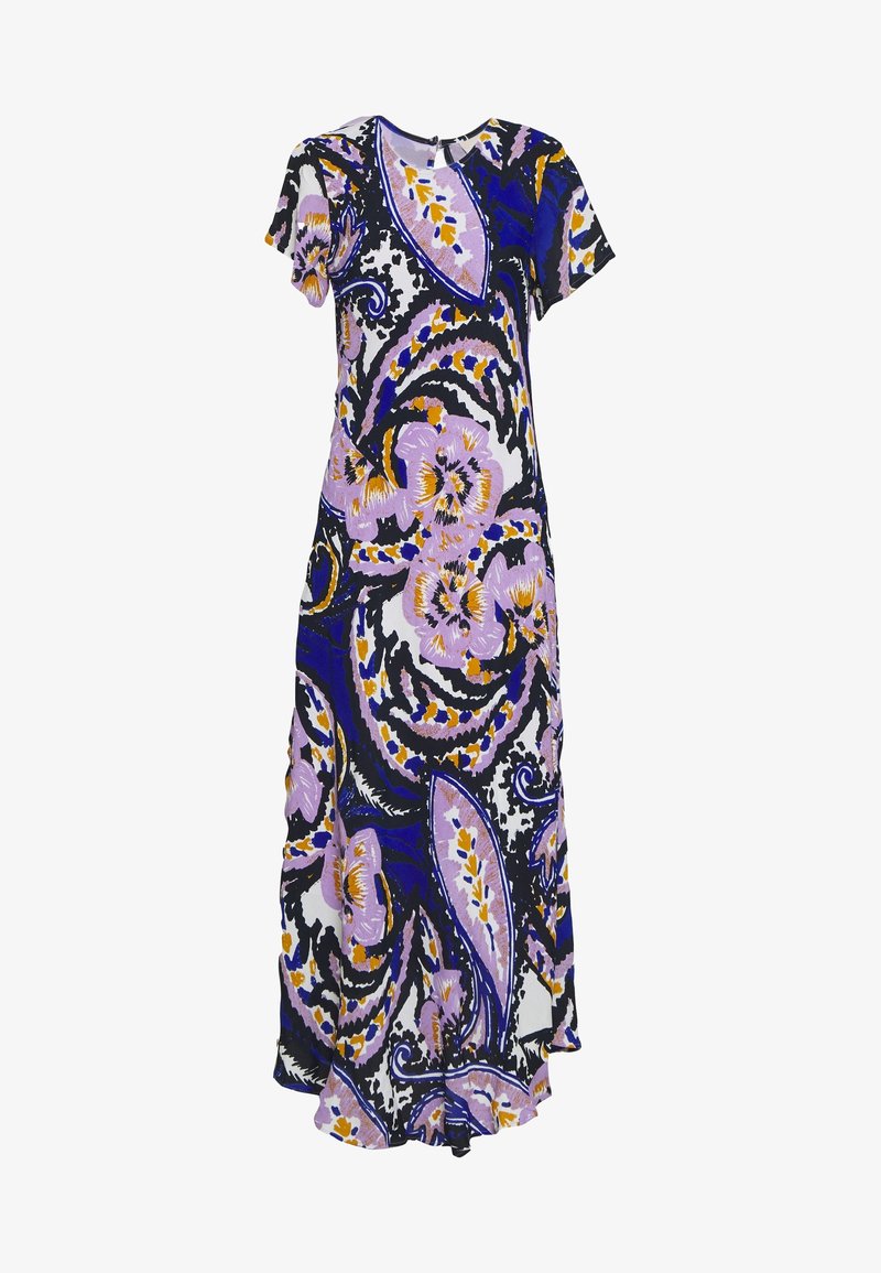 Vestido maxi de manga corta con un patrón floral abstracto en tonos morados, azules, blancos, negros y naranjas.