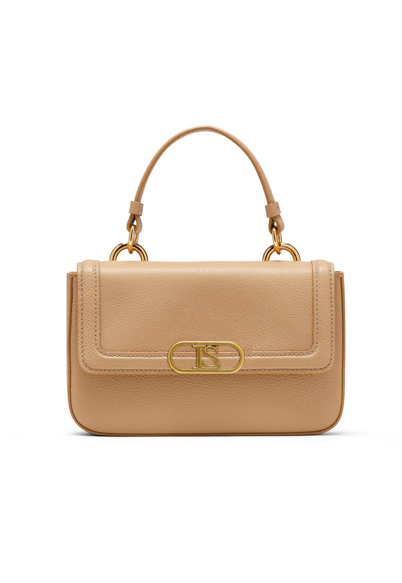 Šviesiai rudos odinės rankinės struktūrizuota forma, viršutinis rankenos dizainas, auksiniai akcentai ir iškilmingas logotipas priekyje. Lygi tekstūra su siuvimo detalėmis.