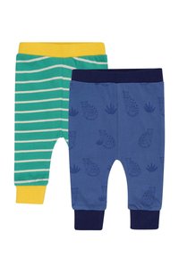 Twee paar babypanty's: één groen met witte strepen en gele boorden, de andere blauw met luipaardprint en marineblauwe boorden. Zacht katoenen materiaal.