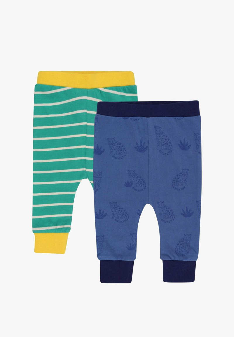 Twee paar babypanty's: één groen met witte strepen en gele boorden, de andere blauw met luipaardprint en marineblauwe boorden. Zacht katoenen materiaal.