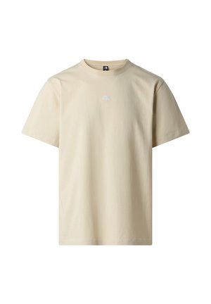 Light beige cotton t-shirt with a crew neck, short sleeves, and a small, embroidered logo on the chest. Soft texture, regular fit.