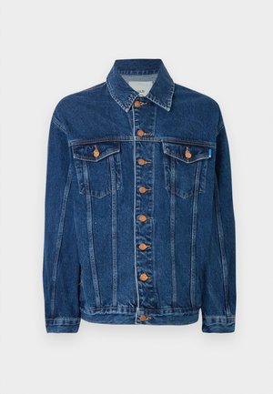 Dark blue denim jacket with a classic collar, two front pockets, and tan button accents. Features a straight cut and visible stitching details.
