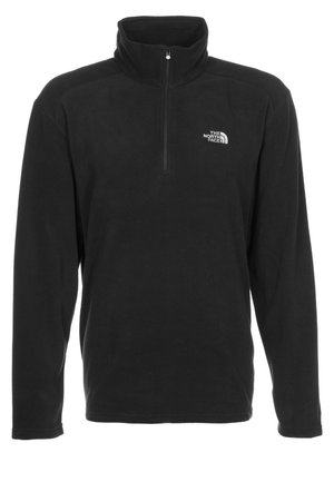 Zwarte fleece-pullover van The North Face met lange mouwen, opstaande kraag en kwartsluiting aan de voorkant.