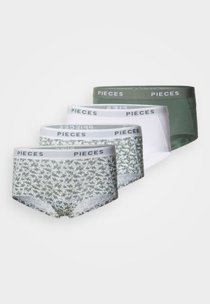 Štyri páry boxeriek s mierne zvýšeným pásom v zelenej, bielej a kvetinovej vzore; mäkká tkanina s elastickými pásmi so značkou "PIECES".