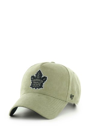 Olive green baseball cap with soft texture, featuring an embroidered Toronto Maple Leafs logo and a curved brim. Side has a subtle logo.