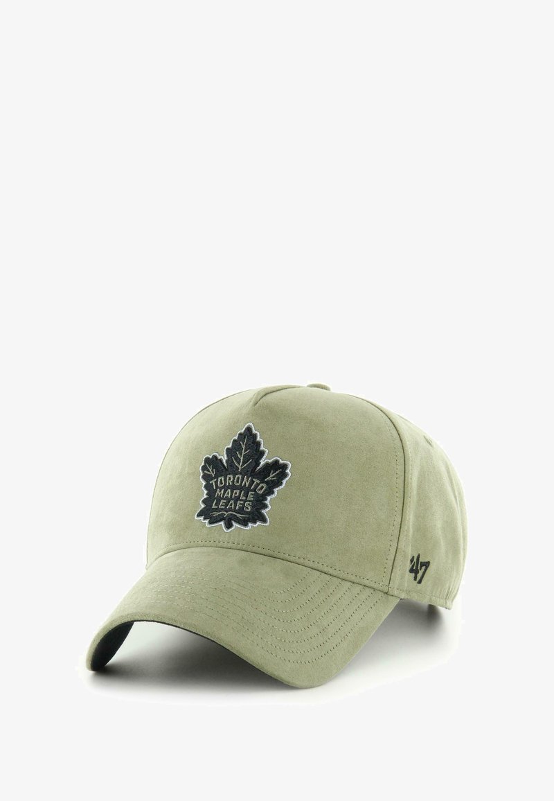 Olivgrüner Baseballcap mit weicher Textur, ausgestattet mit einem gestickten Logo der Toronto Maple Leafs und einem gewölbten Schirm. An der Seite befindet sich ein dezentes Logo.