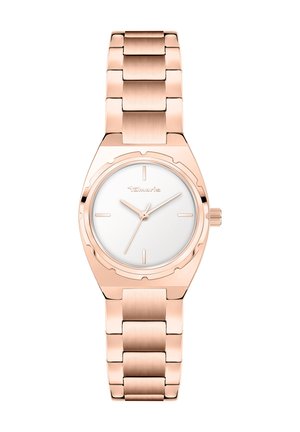 Roségoldene Metalluhr mit rundem weißen Zifferblatt, das einfache Stundenmarker, eine glatte Lünette und ein verknüpftes Armband-Design aufweist.