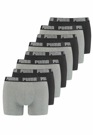 Schwarz-graue Boxer Shorts mit einem weichen, elastischen Bund, der mit "PUMA"-Branding versehen ist. Das Set umfasst fünf Paar, die in verschiedenen Farben gehalten sind.
