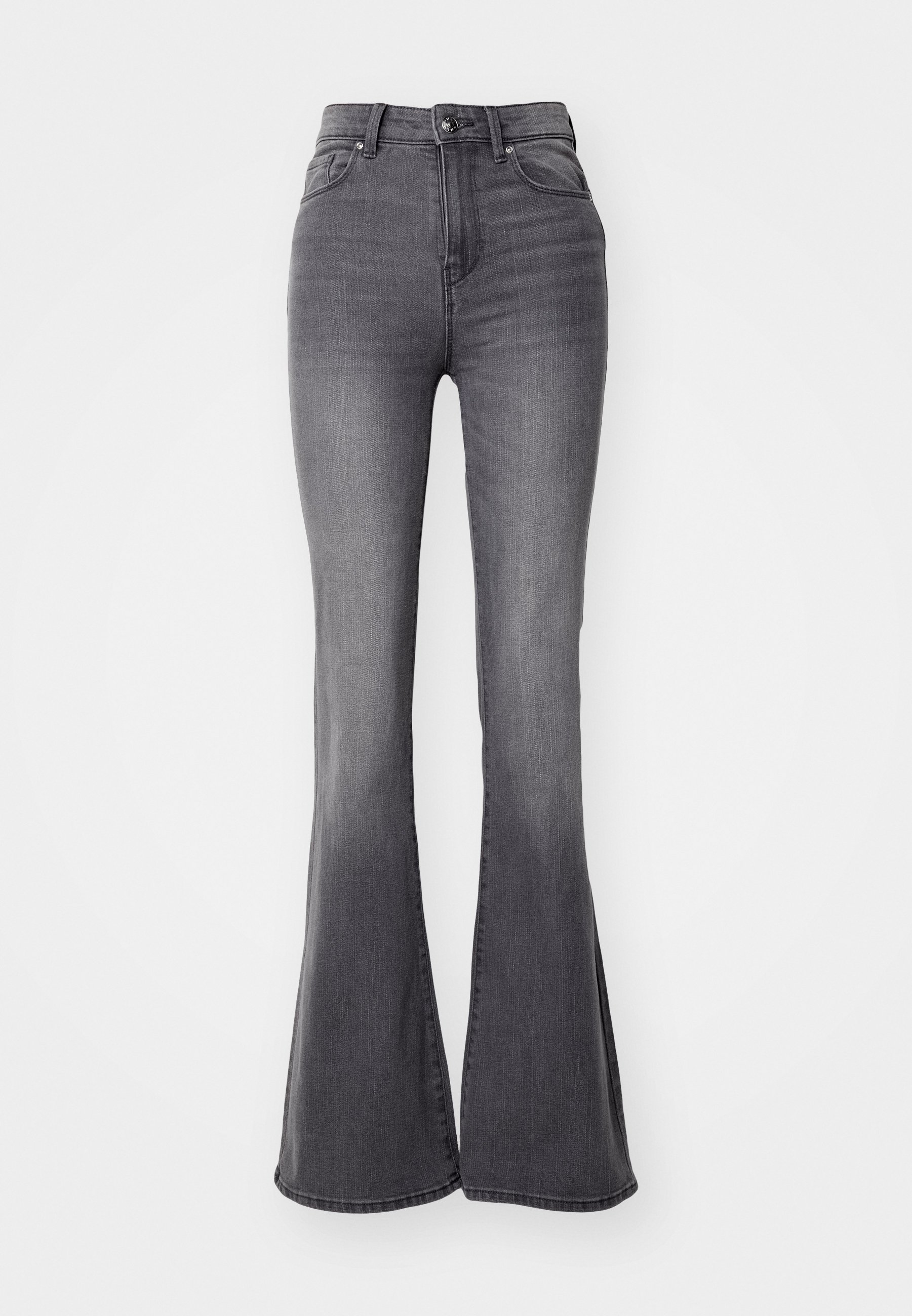 Grijze flared jeans met een hoge taille, gemaakt van denim, met een knoop- en ritsluiting, en een gladde textuur met minimale vervaging.
