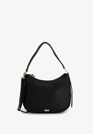 Black leather shoulder bag with a rounded shape, textured surface, gold hardware accents, and a detachable strap for versatility.