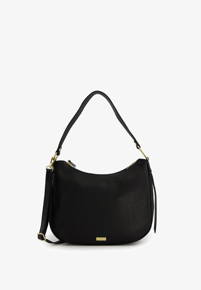 Black leather shoulder bag with a rounded shape, textured surface, gold hardware accents, and a detachable strap for versatility.
