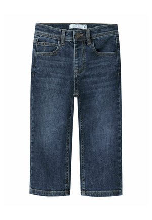 Mørkeblå denim jeans til børn med forlommer, bæltestropper, knaplukning og synlige syningsdetaljer.