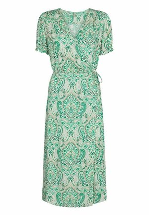 Vestido verde envolvente con un delicado estampado de paisley, tejido suave, mangas cortas abullonadas y un detalle de lazo en la cintura.