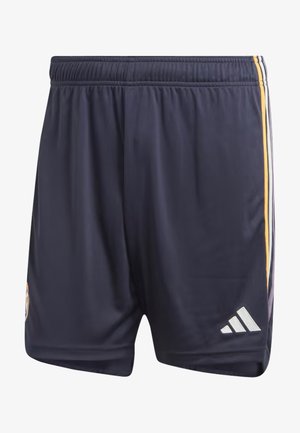 Pantalones cortos de deporte azul marino con cintura elástica, con franjas laterales amarillas y un logo plateado de Adidas en la parte inferior derecha.