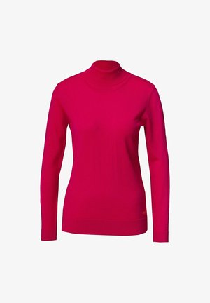 Fuchsia Rollkragenpullover aus weichem, geripptem Stoff. Mit langen Ärmeln und einer enganliegendem Silhouette sowie einem Markenlogo am Saum.