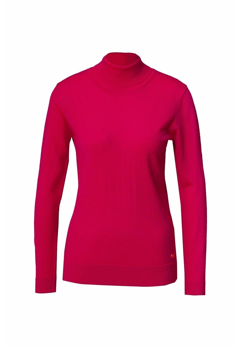 Fuchsia polotröja tillverkad av mjukt, ribbat material. Har långa ärmar och en figurnära silhuett med en varumärkeslogotyp vid fållen.