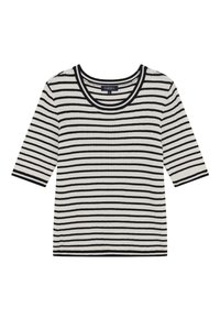 Top de rayas acanaladas en blanco y negro. Presenta un escote redondeado y mangas tres cuartos. Tejido ligero con un acabado texturizado.