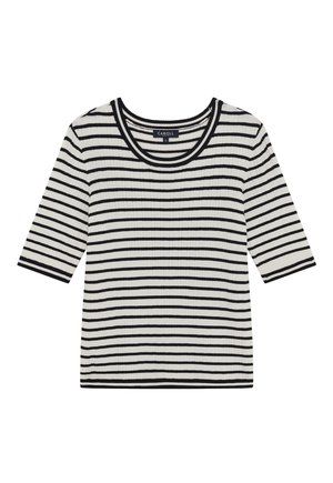 Pasująca bluzka w paseczki w bieli i czerni. Posiada okrągły dekolt i rękawy 3/4. Wykonana z lekkiego materiału z teksturowaną powierzchnią.