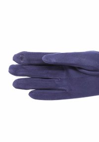 Guanto singolo in suede blu navy steso piatto con le dita estese, cuciture visibili sulle punte delle dita, isolato su sfondo bianco.