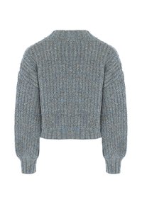 Pullover corto in una maglia grigia testurizzata con accenti blu. Presenta un collo rotondo e maniche lunghe, leggermente a sbuffo.