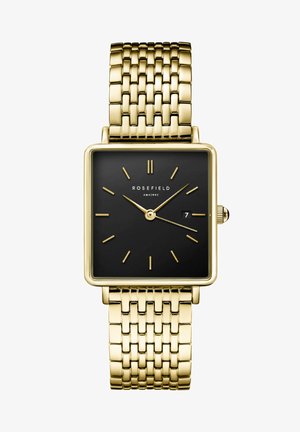 Goldfarbener rechteckiger Chronograph mit schwarzem Zifferblatt, goldenen Stundenmarkierungen und Datumsanzeige. Verfügt über ein Metallgliederarmband mit polierter Oberfläche.