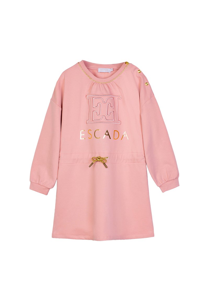 Abito rosa a maniche lunghe con bottoni dorati sulle spalle, coulisse dorata in vita, logo "ESCADA" in oro e rosa sul davanti.