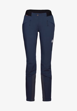 Pantaloni da esterno blu navy con design aderente, vita elasticizzata, tasche con zip e dettagli testurizzati nella parte inferiore delle gambe.