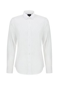 Biała koszula z długim rękawem w małe czarne kropki, z zapięciem na guziki z przodu i klasycznym kołnierzykiem. Gładki materiał z mieszanki bawełny.